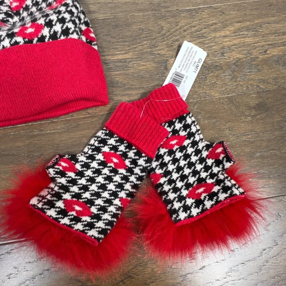 MITCHIE'S MATCHINGS Knit Hat & Fingerless Mitten Set in Red Lips Houndstooth NWT